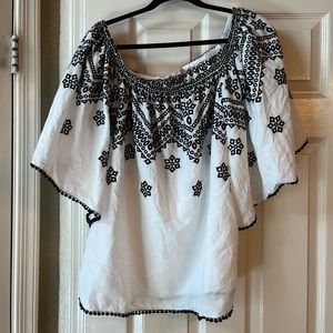 Embroidered Off-Shoulder Peasant Top - White with Black Trim